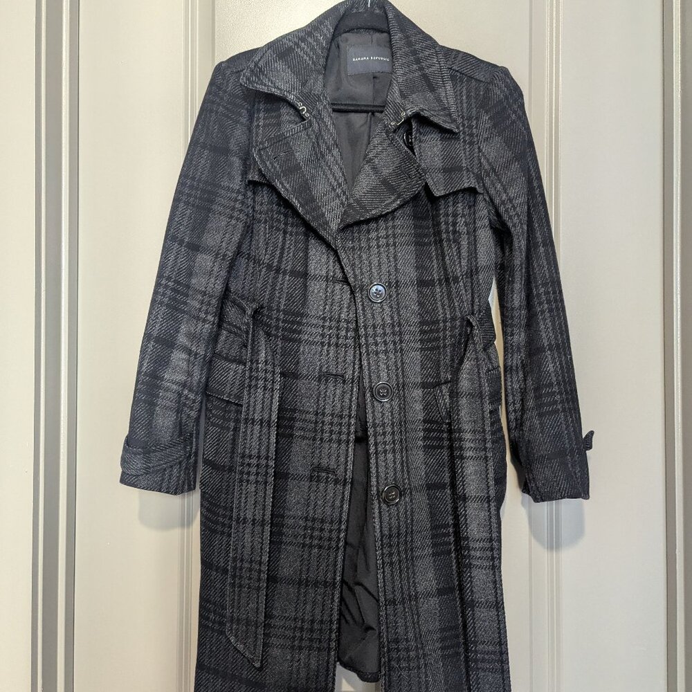 Banana Republic Jacket Womens PXS Gray Black Windowpane Flannel Belted Pea Coat